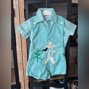 80s Vintage JonJon Shortall set Toddler Romper Scarecrow Corn Appliqué gingham